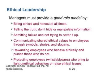 Copyright © 2005 Prentice Hall, Inc. All
rights reserved. 5–26
Ethical Leadership
• Managers must provide a good role model by:
Being ethical and honest at all times.
Telling the truth; don’t hide or manipulate information.
Admitting failure and not trying to cover it up.
Communicating shared ethical values to employees
through symbols, stories, and slogans.
Rewarding employees who behave ethically and
punish those who do not.
Protecting employees (whistleblowers) who bring to
light unethical behaviors or raise ethical issues.
 