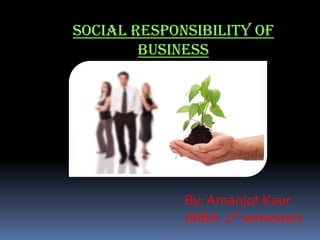 Social Responsibility of
        Business




             By: Amanjot Kaur
             (MBA 1st semester)
 