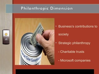 • Business’s contributions to
society
• Strategic philanthropy
- Charitable trusts
- Microsoft companies
10
 