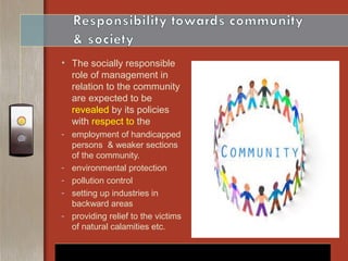 • The socially responsible
role of management in
relation to the community
are expected to be
revealed by its policies
wit...