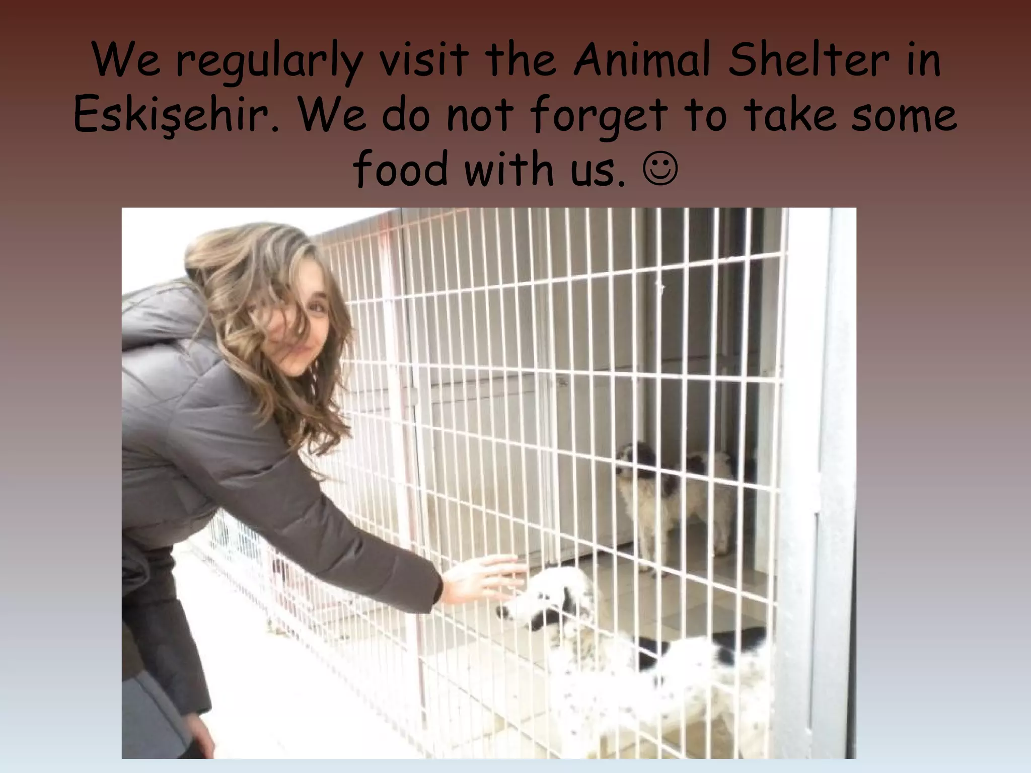 We regularly visit the Animal Shelter in 
Eskişehir. We do not forget to take some 
food with us.  
 