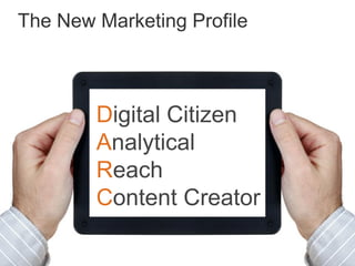 The New Marketing Profile



        Digital Citizen
        Analytical
        Reach
        Content Creator
 