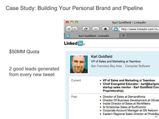 43Case Study: Building Your Personal Brand and Pipeline $50MM Quota2 good leads generated from every new tweet43