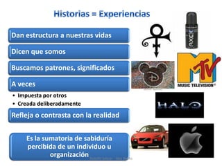 Dan estructura a nuestras vidas

Dicen que somos

Buscamos patrones, significados

A veces
• Impuesta por otros
• Creada deliberadamente
Refleja o contrasta con la realidad


    Es la sumatoria de sabiduría
    percibida de un individuo u
            organización Rodolfo Salazar - Idea Works
 