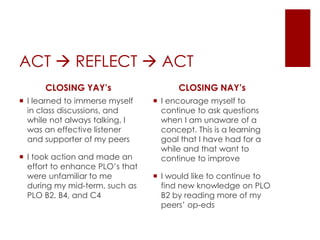 ACT  REFLECT  ACT
CLOSING YAY’s
 I learned to immerse myself
in class discussions, and
while not always talking, I
was an effective listener
and supporter of my peers
 I took action and made an
effort to enhance PLO’s that
were unfamiliar to me
during my mid-term, such as
PLO B2, B4, and C4
CLOSING NAY’s
 I encourage myself to
continue to ask questions
when I am unaware of a
concept. This is a learning
goal that I have had for a
while and that want to
continue to improve
 I would like to continue to
find new knowledge on PLO
B2 by reading more of my
peers’ op-eds
 