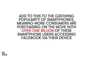 ADD TO THIS TO THE GROWING 
POPULARITY OF SMARTPHONES, 
MEANING MORE CONSUMERS ARE 
PURCHASING ON THE MOVE WITH 
OVER ONE BILLION OF THESE 
SMARTPHONE USERS ACCESSING 
FACEBOOK VIA THEIR DEVICE 
 