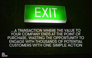 …A TRANSACTION WHERE THE VALUE TO 
YOUR COMPANY ENDS AT THE POINT OF 
PURCHASE, WASTING THE OPPORTUNITY TO 
ENGAGE WITH THOUSANDS OF POTENTIAL 
CUSTOMERS WITH ONE SIMPLE ACTION 
 