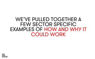 WE’VE PULLED TOGETHER A 
FEW SECTOR SPECIFIC 
EXAMPLES OF HOW AND WHY IT 
COULD WORK 
 