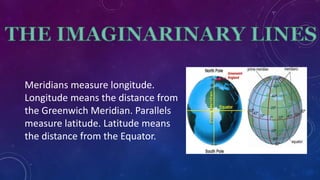 Meridians measure longitude.
Longitude means the distance from
the Greenwich Meridian. Parallels
measure latitude. Latitude means
the distance from the Equator.
 
