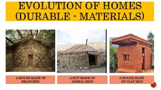 A HUT MADE OF
ANIMAL SKIN
A HOUSE MADE OF
BRANCHES
A HOUSE MADE
OF CLAY MUD
 