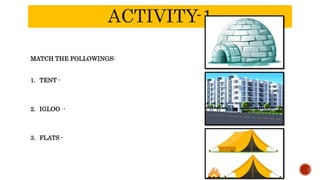 MATCH THE FOLLOWINGS:
1. TENT -
2. IGLOO -
3. FLATS -
 