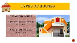 DETACHED HOUSE
A Detached house stands
on it own.
It has no other houses
joined to it.
 