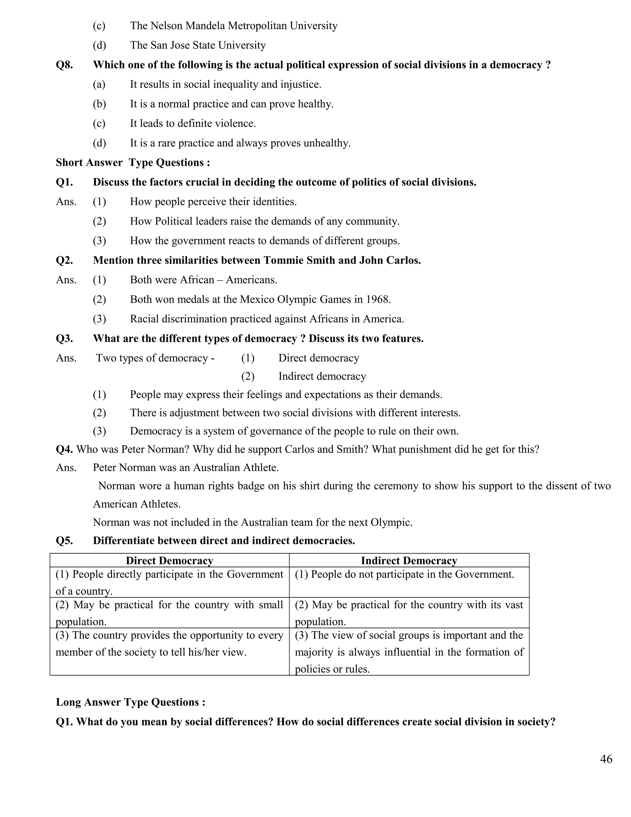(c) The Nelson Mandela Metropolitan University
(d) The San Jose State University
Q8. Which one of the following is the actual political expression of social divisions in a democracy ?
(a) It results in social inequality and injustice.
(b) It is a normal practice and can prove healthy.
(c) It leads to definite violence.
(d) It is a rare practice and always proves unhealthy.
Short Answer Type Questions :
Q1. Discuss the factors crucial in deciding the outcome of politics of social divisions.
Ans. (1) How people perceive their identities.
(2) How Political leaders raise the demands of any community.
(3) How the government reacts to demands of different groups.
Q2. Mention three similarities between Tommie Smith and John Carlos.
Ans. (1) Both were African – Americans.
(2) Both won medals at the Mexico Olympic Games in 1968.
(3) Racial discrimination practiced against Africans in America.
Q3. What are the different types of democracy ? Discuss its two features.
Ans. Two types of democracy - (1) Direct democracy
(2) Indirect democracy
(1) People may express their feelings and expectations as their demands.
(2) There is adjustment between two social divisions with different interests.
(3) Democracy is a system of governance of the people to rule on their own.
Q4. Who was Peter Norman? Why did he support Carlos and Smith? What punishment did he get for this?
Ans. Peter Norman was an Australian Athlete.
Norman wore a human rights badge on his shirt during the ceremony to show his support to the dissent of two
American Athletes.
Norman was not included in the Australian team for the next Olympic.
Q5. Differentiate between direct and indirect democracies.
Direct Democracy Indirect Democracy
(1) People directly participate in the Government
of a country.
(1) People do not participate in the Government.
(2) May be practical for the country with small
population.
(2) May be practical for the country with its vast
population.
(3) The country provides the opportunity to every
member of the society to tell his/her view.
(3) The view of social groups is important and the
majority is always influential in the formation of
policies or rules.
Long Answer Type Questions :
Q1. What do you mean by social differences? How do social differences create social division in society?
46
 
