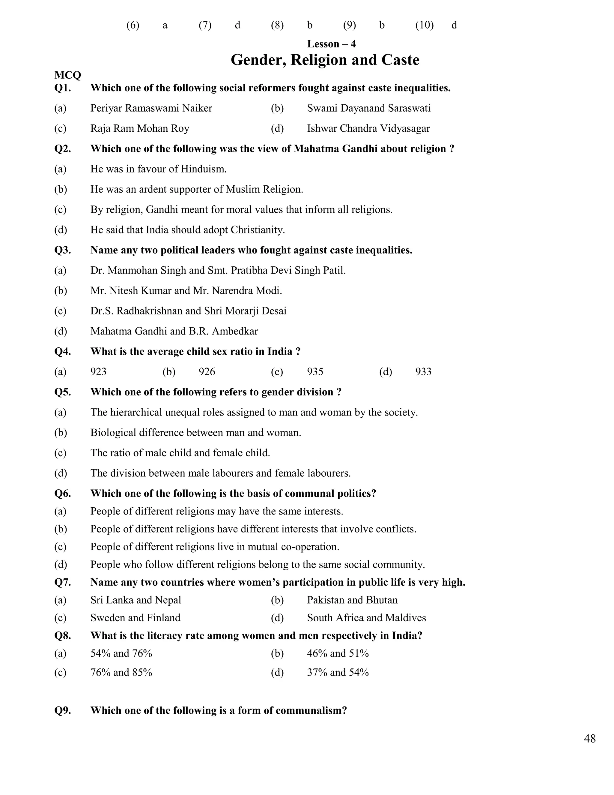 (6) a (7) d (8) b (9) b (10) d
Lesson – 4
Gender, Religion and Caste
MCQ
Q1. Which one of the following social reformers fought against caste inequalities.
(a) Periyar Ramaswami Naiker (b) Swami Dayanand Saraswati
(c) Raja Ram Mohan Roy (d) Ishwar Chandra Vidyasagar
Q2. Which one of the following was the view of Mahatma Gandhi about religion ?
(a) He was in favour of Hinduism.
(b) He was an ardent supporter of Muslim Religion.
(c) By religion, Gandhi meant for moral values that inform all religions.
(d) He said that India should adopt Christianity.
Q3. Name any two political leaders who fought against caste inequalities.
(a) Dr. Manmohan Singh and Smt. Pratibha Devi Singh Patil.
(b) Mr. Nitesh Kumar and Mr. Narendra Modi.
(c) Dr.S. Radhakrishnan and Shri Morarji Desai
(d) Mahatma Gandhi and B.R. Ambedkar
Q4. What is the average child sex ratio in India ?
(a) 923 (b) 926 (c) 935 (d) 933
Q5. Which one of the following refers to gender division ?
(a) The hierarchical unequal roles assigned to man and woman by the society.
(b) Biological difference between man and woman.
(c) The ratio of male child and female child.
(d) The division between male labourers and female labourers.
Q6. Which one of the following is the basis of communal politics?
(a) People of different religions may have the same interests.
(b) People of different religions have different interests that involve conflicts.
(c) People of different religions live in mutual co-operation.
(d) People who follow different religions belong to the same social community.
Q7. Name any two countries where women’s participation in public life is very high.
(a) Sri Lanka and Nepal (b) Pakistan and Bhutan
(c) Sweden and Finland (d) South Africa and Maldives
Q8. What is the literacy rate among women and men respectively in India?
(a) 54% and 76% (b) 46% and 51%
(c) 76% and 85% (d) 37% and 54%
Q9. Which one of the following is a form of communalism?
48
 