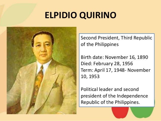 talambuhay ni elpidio quirino Talambuhay ni manuel a roxas pagsilang: enero 1, 1892 sa capiz humalili sa kanya bilang pangulo si elpidio quirino 19 panunungkulan ni elpidio r quirino 20. talambuhay ni elpidio quirino Talambuhay ni manuel a roxas pagsilang: enero 1, 1892 sa capiz humalili sa kanya bilang pangulo si elpidio quirino 19 panunungkulan ni elpidio r quirino 20.