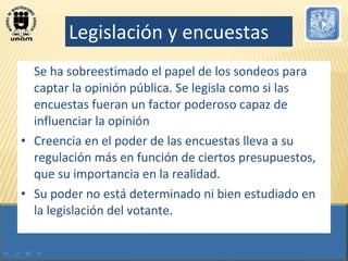 Legislación y encuestas Se ha sobreestimado el papel de los sondeos para captar la opinión pública.  Se legisla como si las encuestas fueran un factor poderoso capaz de influenciar la opinión Creencia en el poder de las encuestas lleva a su regulación más en función de ciertos presupuestos, que su importancia en la realidad.  Su poder no está determinado ni bien estudiado en la legislación del votante. 