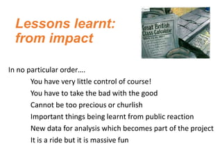 Lessons learnt:
from impact
In no particular order….
You have very little control of course!
You have to take the bad with...