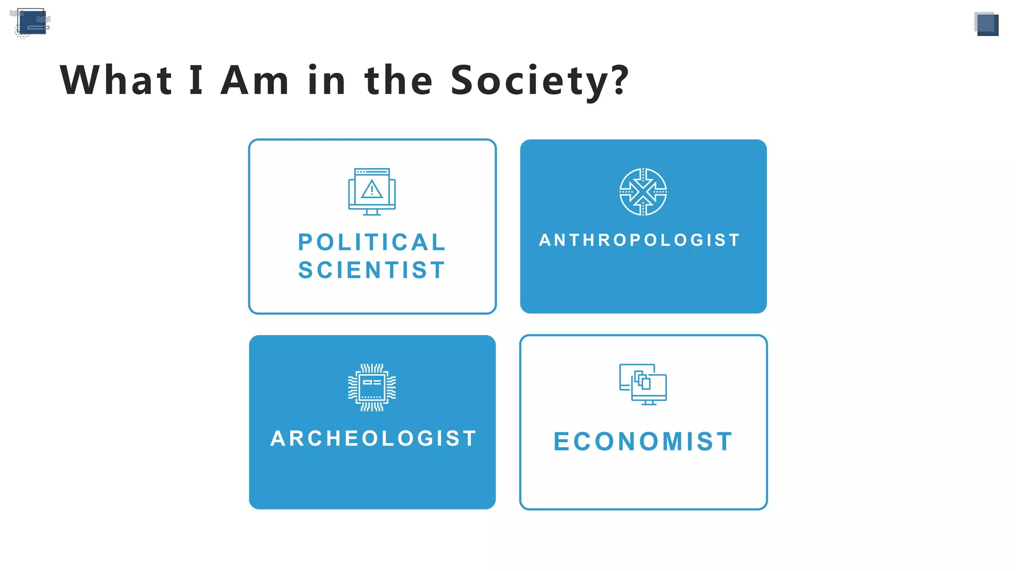 What I Am in the Society?
POLITICAL
SCIENTIST
A N T H R O P O L O G I S T
A R C H EOLOGIST ECONOMIST
 
