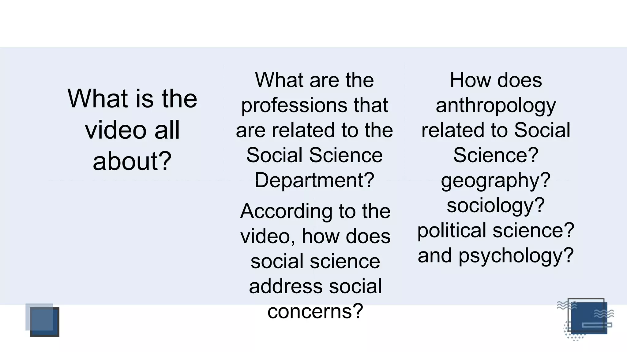 What is the
video all
about?
How does
anthropology
related to Social
Science?
geography?
sociology?
political science?
and psychology?
What are the
professions that
are related to the
Social Science
Department?
According to the
video, how does
social science
address social
concerns?
 