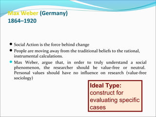 Max Weber (Germany)
1864–1920

 Social Action is the force behind change
 People are moving away from the traditional beliefs to the rational,

instrumental calculations.
 Max Weber, argue that, in order to truly understand a social
phenomenon, the researcher should be value-free or neutral.
Personal values should have no influence on research (value-free
sociology)

Ideal Type:
construct for
evaluating specific
cases

 