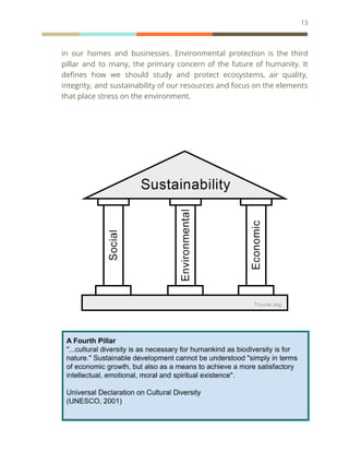 13
in our homes and businesses. Environmental protection is the third
pillar and to many, the primary concern of the future of humanity. It
defines how we should study and protect ecosystems, air quality,
integrity, and sustainability of our resources and focus on the elements
that place stress on the environment.
 