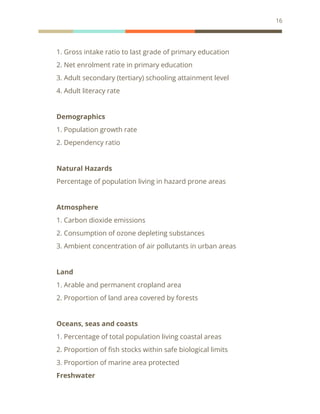 16
1. Gross intake ratio to last grade of primary education
2. Net enrolment rate in primary education
3. Adult secondary (tertiary) schooling attainment level
4. Adult literacy rate
Demographics
1. Population growth rate
2. Dependency ratio
Natural Hazards
Percentage of population living in hazard prone areas
Atmosphere
1. Carbon dioxide emissions
2. Consumption of ozone depleting substances
3. Ambient concentration of air pollutants in urban areas
Land
1. Arable and permanent cropland area
2. Proportion of land area covered by forests
Oceans, seas and coasts
1. Percentage of total population living coastal areas
2. Proportion of fish stocks within safe biological limits
3. Proportion of marine area protected
Freshwater
 