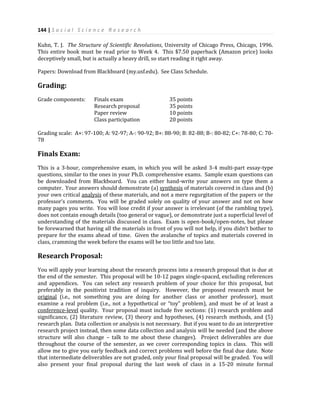 144 | S o c i a l S c i e n c e R e s e a r c h
Kuhn, T. J. The Structure of Scientific Revolutions, University of Chicago Press, Chicago, 1996.
This entire book must be read prior to Week 4. This $7.50 paperback (Amazon price) looks
deceptively small, but is actually a heavy drill, so start reading it right away.
Papers: Download from Blackboard (my.usf.edu). See Class Schedule.
Grading:
Grade components: Finals exam 35 points
Research proposal 35 points
Paper review 10 points
Class participation 20 points
Grading scale: A+: 97-100; A: 92-97; A-: 90-92; B+: 88-90; B: 82-88; B-: 80-82; C+: 78-80; C: 70-
78
Finals Exam:
This is a 3-hour, comprehensive exam, in which you will be asked 3-4 multi-part essay-type
questions, similar to the ones in your Ph.D. comprehensive exams. Sample exam questions can
be downloaded from Blackboard. You can either hand-write your answers on type them a
computer. Your answers should demonstrate (a) synthesis of materials covered in class and (b)
your own critical analysis of these materials, and not a mere regurgitation of the papers or the
professor’s comments. You will be graded solely on quality of your answer and not on how
many pages you write. You will lose credit if your answer is irrelevant (of the rambling type),
does not contain enough details (too general or vague), or demonstrate just a superficial level of
understanding of the materials discussed in class. Exam is open-book/open-notes, but please
be forewarned that having all the materials in front of you will not help, if you didn’t bother to
prepare for the exams ahead of time. Given the avalanche of topics and materials covered in
class, cramming the week before the exams will be too little and too late.
Research Proposal:
You will apply your learning about the research process into a research proposal that is due at
the end of the semester. This proposal will be 10-12 pages single-spaced, excluding references
and appendices. You can select any research problem of your choice for this proposal, but
preferably in the positivist tradition of inquiry. However, the proposed research must be
original (i.e., not something you are doing for another class or another professor), must
examine a real problem (i.e., not a hypothetical or “toy” problem), and must be of at least a
conference-level quality. Your proposal must include five sections: (1) research problem and
significance, (2) literature review, (3) theory and hypotheses, (4) research methods, and (5)
research plan. Data collection or analysis is not necessary. But if you want to do an interpretive
research project instead, then some data collection and analysis will be needed (and the above
structure will also change – talk to me about these changes). Project deliverables are due
throughout the course of the semester, as we cover corresponding topics in class. This will
allow me to give you early feedback and correct problems well before the final due date. Note
that intermediate deliverables are not graded, only your final proposal will be graded. You will
also present your final proposal during the last week of class in a 15-20 minute formal
 