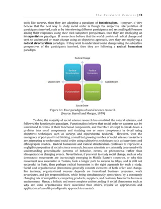 T h e R e s e a r c h P r o c e s s | 19
tools like surveys, then they are adopting a paradigm of functionalism. However, if they
believe that the best way to study social order is though the subjective interpretation of
participants involved, such as by interviewing different participants and reconciling differences
among their responses using their own subjective perspectives, then they are employing an
interpretivism paradigm. If researchers believe that the world consists of radical change and
seek to understand or enact change using an objectivist approach, then they are employing a
radical structuralism paradigm. If they wish to understand social change using the subjective
perspectives of the participants involved, then they are following a radical humanism
paradigm.
Figure 3.1. Four paradigms of social science research
(Source: Burrell and Morgan, 1979)
To date, the majority of social science research has emulated the natural sciences, and
followed the functionalist paradigm. Functionalists believe that social order or patterns can be
understood in terms of their functional components, and therefore attempt to break down a
problem into small components and studying one or more components in detail using
objectivist techniques such as surveys and experimental research. However, with the
emergence of post-positivist thinking, a small but growing number of social science researchers
are attempting to understand social order using subjectivist techniques such as interviews and
ethnographic studies. Radical humanism and radical structuralism continues to represent a
negligible proportion of social science research, because scientists are primarily concerned with
understanding generalizable patterns of behavior, events, or phenomena, rather than
idiosyncratic or changing events. Nevertheless, if you wish to study social change, such as why
democratic movements are increasingly emerging in Middle Eastern countries, or why this
movement was successful in Tunisia, took a longer path to success in Libya, and is still not
successful in Syria, then perhaps radical humanism is the right approach for such a study.
Social and organizational phenomena generally consists elements of both order and change.
For instance, organizational success depends on formalized business processes, work
procedures, and job responsibilities, while being simultaneously constrained by a constantly
changing mix of competitors, competing products, suppliers, and customer base in the business
environment. Hence, a holistic and more complete understanding of social phenomena such as
why are some organizations more successful than others, require an appreciation and
application of a multi-paradigmatic approach to research.
 