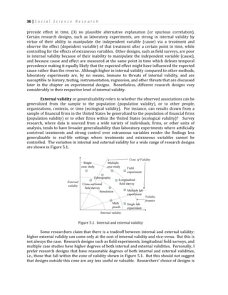 36 | S o c i a l S c i e n c e R e s e a r c h
precede effect in time, (3) no plausible alternative explanation (or spurious correlation).
Certain research designs, such as laboratory experiments, are strong in internal validity by
virtue of their ability to manipulate the independent variable (cause) via a treatment and
observe the effect (dependent variable) of that treatment after a certain point in time, while
controlling for the effects of extraneous variables. Other designs, such as field surveys, are poor
in internal validity because of their inability to manipulate the independent variable (cause),
and because cause and effect are measured at the same point in time which defeats temporal
precedence making it equally likely that the expected effect might have influenced the expected
cause rather than the reverse. Although higher in internal validity compared to other methods,
laboratory experiments are, by no means, immune to threats of internal validity, and are
susceptible to history, testing, instrumentation, regression, and other threats that are discussed
later in the chapter on experimental designs. Nonetheless, different research designs vary
considerably in their respective level of internal validity.
External validity or generalizability refers to whether the observed associations can be
generalized from the sample to the population (population validity), or to other people,
organizations, contexts, or time (ecological validity). For instance, can results drawn from a
sample of financial firms in the United States be generalized to the population of financial firms
(population validity) or to other firms within the United States (ecological validity)? Survey
research, where data is sourced from a wide variety of individuals, firms, or other units of
analysis, tends to have broader generalizability than laboratory experiments where artificially
contrived treatments and strong control over extraneous variables render the findings less
generalizable to real-life settings where treatments and extraneous variables cannot be
controlled. The variation in internal and external validity for a wide range of research designs
are shown in Figure 5.1.
Internal validity
External
validity
Single lab
experiment
Multiple lab
experiment
Single
case study
Multiple
case study
Cross-sectional
field survey
Longitudinal
field survey
Field
experiment
Math
proofs
Validity
frontier
Simulation
Ethnography
Cone of Validity
Figure 5.1. Internal and external validity
Some researchers claim that there is a tradeoff between internal and external validity:
higher external validity can come only at the cost of internal validity and vice-versa. But this is
not always the case. Research designs such as field experiments, longitudinal field surveys, and
multiple case studies have higher degrees of both internal and external validities. Personally, I
prefer research designs that have reasonable degrees of both internal and external validities,
i.e., those that fall within the cone of validity shown in Figure 5.1. But this should not suggest
that designs outside this cone are any less useful or valuable. Researchers’ choice of designs is
 
