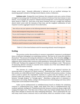 M e a s u r e m e n t o f C o n s t r u c t s | 49
change across items. Semantic differential is believed to be an excellent technique for
measuring people’s attitude or feelings toward objects, events, or behaviors.
Guttman scale. Designed by Louis Guttman, this composite scale uses a series of items
arranged in increasing order of intensity of the construct of interest, from least intense to most
intense. As an example, the construct “attitude toward immigrants” can be measured using five
items shown in Table 6.5. Each item in the above Guttman scale has a weight (not indicated
above) which varies with the intensity of that item, and the weighted combination of each
response is used as aggregate measure of an observation.
How will you rate your opinions on the following statements about immigrants?
Do you mind immigrants being citizens of your country Yes No
Do you mind immigrants living in your own neighborhood Yes No
Would you mind living next door to an immigrant Yes No
Would you mind having an immigrant as your close friend Yes No
Would you mind if someone in your family married an immigrant Yes No
Table 6.5. A five-item Guttman scale for measuring attitude toward immigrants
Scaling
The previous section discussed how to measure respondents’ responses to predesigned
items or indicators belonging to an underlying construct. But how do we create the indicators
themselves? The process of creating the indicators is called scaling. More formally, scaling is a
branch of measurement that involves the construction of measures by associating qualitative
judgments about unobservable constructs with quantitative, measurable metric units. Stevens
(1946) said, “Scaling is the assignment of objects to numbers according to a rule.” This process
of measuring abstract concepts in concrete terms remains one of the most difficult tasks in
empirical social science research.
The outcome of a scaling process is a scale, which is an empirical structure for
measuring items or indicators of a given construct. Understand that “scales”, as discussed in
this section, are a little different from “rating scales” discussed in the previous section. A rating
scale is used to capture the respondents’ reactions to a given item, for instance, such as a
nominal scaled item captures a yes/no reaction and an interval scaled item captures a value
between “strongly disagree” to “strongly agree.” Attaching a rating scale to a statement or
instrument is not scaling. Rather, scaling is the formal process of developing scale items, before
rating scales can be attached to those items.
Scales can be unidimensional or multidimensional, based on whether the underlying
construct is unidimensional (e.g., weight, wind speed, firm size) or multidimensional (e.g.,
academic aptitude, intelligence). Unidimensional scale measures constructs along a single scale,
ranging from high to low. Note that some of these scales may include multiple items, but all of
these items attempt to measure the same underlying dimension. This is particularly the case
with many social science constructs such as self-esteem, which are assumed to have a single
 