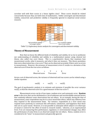 S c a l e R e l i a b i l i t y a n d V a l i d i t y | 61
correlate well with their scores in a linear algebra class? These scores should be related
concurrently because they are both tests of mathematics. Unlike convergent and discriminant
validity, concurrent and predictive validity is frequently ignored in empirical social science
research.
Table 7.2. Exploratory factor analysis for convergent and discriminant validity
Theory of Measurement
Now that we know the different kinds of reliability and validity, let us try to synthesize
our understanding of reliability and validity in a mathematical manner using classical test
theory, also called true score theory. This is a psychometric theory that examines how
measurement works, what it measures, and what it does not measure. This theory postulates
that every observation has a true score T that can be observed accurately if there were no errors
in measurement. However, the presence of measurement errors E results in a deviation of the
observed score X from the true score as follows:
X = T + E
Observed score True score Error
Across a set of observed scores, the variance of observed and true scores can be related using a
similar equation:
var(X) = var(T) + var(E)
The goal of psychometric analysis is to estimate and minimize if possible the error variance
var(E), so that the observed score X is a good measure of the true score T.
Measurement errors can be of two types: random error and systematic error. Random
error is the error that can be attributed to a set of unknown and uncontrollable external factors
that randomly influence some observations but not others. As an example, during the time of
measurement, some respondents may be in a nicer mood than others, which may influence how
they respond to the measurement items. For instance, respondents in a nicer mood may
respond more positively to constructs like self-esteem, satisfaction, and happiness than those
who are in a poor mood. However, it is not possible to anticipate which subject is in what type
of mood or control for the effect of mood in research studies. Likewise, at an organizational
level, if we are measuring firm performance, regulatory or environmental changes may affect
the performance of some firms in an observed sample but not others. Hence, random error is
considered to be “noise” in measurement and generally ignored.
 