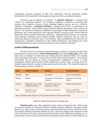 M e a s u r e m e n t o f C o n s t r u c t s | 45
respondents’ personal evaluation of their own satisfaction, and the underlying variable
(satisfaction) is still qualitative even though we represented it in a quantitative manner.
Indicators may be reflective or formative. A reflective indicator is a measure that
“reflects” an underlying construct. For example, if religiosity is defined as a construct that
measures how religious a person is, then attending religious services may be a reflective
indicator of religiosity. A formative indicator is a measure that “forms” or contributes to an
underlying construct. Such indicators may represent different dimensions of the construct of
interest. For instance, if religiosity is defined as composing of a belief dimension, a devotional
dimension, and a ritual dimension, then indicators chosen to measure each of these different
dimensions will be considered formative indicators. Unidimensional constructs are measured
using reflective indicators (even though multiple reflective indicators may be used for
measuring abstruse constructs such as self-esteem), while multidimensional constructs are
measured as a formative combination of the multiple dimensions, even though each of the
underlying dimensions may be measured using one or more reflective indicators.
Levels of Measurement
The first decision to be made in operationalizing a construct is to decide on what is the
intended level of measurement. Levels of measurement, also called rating scales, refer to the
values that an indicator can take (but says nothing about the indicator itself). For example,
male and female (or M and F, or 1 and 2) are two levels of the indicator “gender.” In his seminal
article titled "On the theory of scales of measurement" published in Science in 1946,
psychologist Stanley Smith Stevens (1946) defined four generic types of rating scales for
scientific measurements: nominal, ordinal, interval, and ratio scales. The statistical properties
of these scales are shown in Table 6.1.
Scale Central Tendency Statistics Transformations
Nominal Mode Chi-square One-to-one (equality)
Ordinal Median Percentile, non-parametric
statistics
Monotonic increasing
(order)
Interval Arithmetic mean, range,
standard deviation
Correlation, regression,
analysis of variance
Positive linear (affine)
Ratio Geometric mean,
harmonic mean
Coefficient of variation Positive similarities
(multiplicative, logarithmic)
Note: All higher-order scales can use any of the statistics for lower order scales.
Table 6.1. Statistical properties of rating scales
Nominal scales, also called categorical scales, measure categorical data. These scales
are used for variables or indicators that have mutually exclusive attributes. Examples include
gender (two values: male or female), industry type (manufacturing, financial, agriculture, etc.),
and religious affiliation (Christian, Muslim, Jew, etc.). Even if we assign unique numbers to each
value, for instance 1 for male and 2 for female, the numbers don’t really mean anything (i.e., 1 is
not less than or half of 2) and could have been easily been represented non-numerically, such as
 