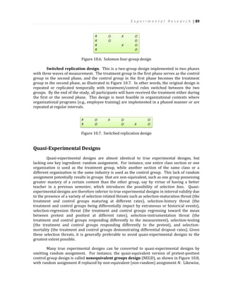 E x p e r i m e n t a l R e s e a r c h | 89
Figure 10.6. Solomon four-group design
Switched replication design. This is a two-group design implemented in two phases
with three waves of measurement. The treatment group in the first phase serves as the control
group in the second phase, and the control group in the first phase becomes the treatment
group in the second phase, as illustrated in Figure 10.7. In other words, the original design is
repeated or replicated temporally with treatment/control roles switched between the two
groups. By the end of the study, all participants will have received the treatment either during
the first or the second phase. This design is most feasible in organizational contexts where
organizational programs (e.g., employee training) are implemented in a phased manner or are
repeated at regular intervals.
Figure 10.7. Switched replication design
Quasi-Experimental Designs
Quasi-experimental designs are almost identical to true experimental designs, but
lacking one key ingredient: random assignment. For instance, one entire class section or one
organization is used as the treatment group, while another section of the same class or a
different organization in the same industry is used as the control group. This lack of random
assignment potentially results in groups that are non-equivalent, such as one group possessing
greater mastery of a certain content than the other group, say by virtue of having a better
teacher in a previous semester, which introduces the possibility of selection bias. Quasi-
experimental designs are therefore inferior to true experimental designs in interval validity due
to the presence of a variety of selection related threats such as selection-maturation threat (the
treatment and control groups maturing at different rates), selection-history threat (the
treatment and control groups being differentially impact by extraneous or historical events),
selection-regression threat (the treatment and control groups regressing toward the mean
between pretest and posttest at different rates), selection-instrumentation threat (the
treatment and control groups responding differently to the measurement), selection-testing
(the treatment and control groups responding differently to the pretest), and selection-
mortality (the treatment and control groups demonstrating differential dropout rates). Given
these selection threats, it is generally preferable to avoid quasi-experimental designs to the
greatest extent possible.
Many true experimental designs can be converted to quasi-experimental designs by
omitting random assignment. For instance, the quasi-equivalent version of pretest-posttest
control group design is called nonequivalent groups design (NEGD), as shown in Figure 10.8,
with random assignment R replaced by non-equivalent (non-random) assignment N. Likewise,
 