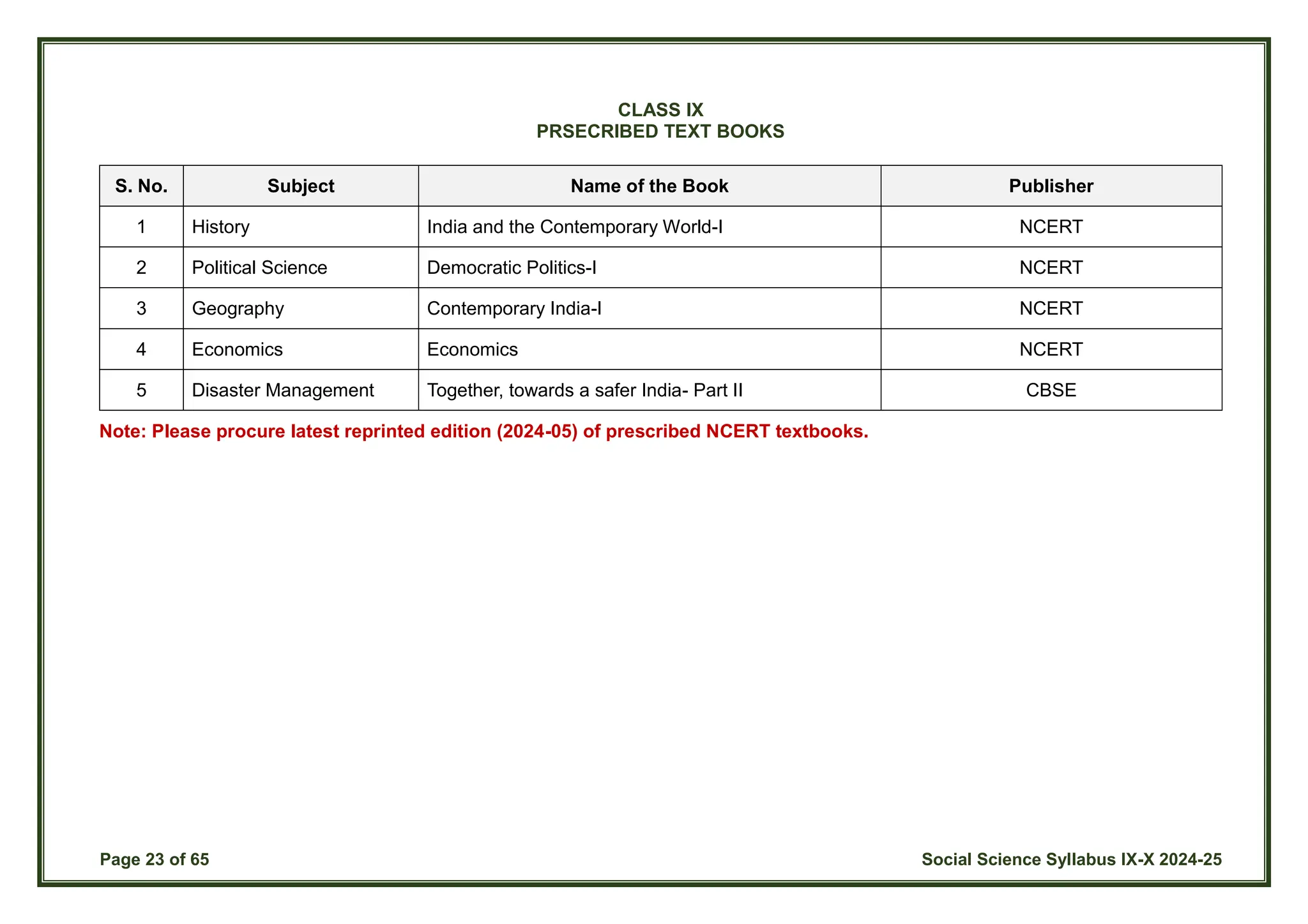 Page 23 of 65 Social Science Syllabus IX-X 2024-25
CLASS IX
PRSECRIBED TEXT BOOKS
S. No. Subject Name of the Book Publisher
1 History India and the Contemporary World-I NCERT
2 Political Science Democratic Politics-I NCERT
3 Geography Contemporary India-I NCERT
4 Economics Economics NCERT
5 Disaster Management Together, towards a safer India- Part II CBSE
Note: Please procure latest reprinted edition (2024-05) of prescribed NCERT textbooks.
 
