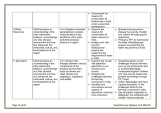 Page 35 of 65 Social Science Syllabus IX-X 2024-25
 Summarizes the
reasons for
conservation of
biodiversity in India
under sustainable
development.
3.Water
Resources
CG-4 Develops an
understanding of the
inter-relationship
between human beings
and their physical
environment and how
that influences the
livelihoods, culture, and
the biodiversity of the
region.
C-4.2 Explains important
geographical concepts,
characteristics of key
landforms, their origin,
and other physical
factors of a region.
 Examine the
reasons for
conservation of
water resource in
India.
 Analyse and infer
how the
Multipurpose
projects are
supporting the
requirement of water
in India.
 Brainstorming session to
discuss the scarcity of water
and present through graphic
organizers.
 Prepare a PPT to Summarize
the roles of Multipurpose
projects in supporting the
water requirement of India
4. Agriculture CG-4 Develops an
understanding of the
inter-relationship
between human beings
and their physical
environment and how
that influences the
livelihoods, culture, and
the biodiversity of the
region
C-4.3 Draws inter-
linkages between various
components of the
physical environment,
such as climate and
relief, climate and
vegetation, vegetation,
and wildlife
 Examine the crucial
role played by
agriculture in our
economy and
society.
 Analyses the
challenges faced by
the farming
community in India.
 Identifies and
summarizes various
aspects of
agriculture, including
crop production,
 Group Discussion on the
challenges faced by farmers,
such as low productivity, lack
of modern technology,
inadequate irrigation facilities,
and post-harvest losses and
present the findings through
PPT/chart.
 Collect Newspaper and have
a panel discussion on the
challenges faced by the
farming community in India
 Use of graphic organizers to
distinguish the traditional and
modern farming methods
 