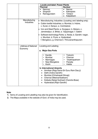 8
Locate and label: Power Plants
Manufacturing
Industries
 Manufacturing Industries (Locating and labeling only)
 Cotton textile Industries: a. Mumbai, b. Indore,
c. Surat, d. Kanpur, e. Coimbatore
 Iron and Steel Plants: a. Durgapur, b. Bokaro, c.
Jamshedpur, d. Bhilai, e. Vijayanagar, f. Salem
 Software technology Parks: a. Noida, b. Gandhi- nagar,
c. Mumbai, d. Pune, e. Hyderabad,
f. Bengaluru, g. Chennai,h. Thiruvananthapuram
Lifelines of National
Economy
Locating and Labeling
a. Major Sea Ports
• Kandla • Tuticorin
• Mumbai • Chennai
• Marmagao • Visakhapatnam
• New Mangalore • Paradip
• Kochi • Haldia
b. International Airports
 Amritsar (Raja Sansi-Sri Guru Ram Das ji)
 Delhi (Indira Gandhi)
 Mumbai (Chhatrapati Shivaji)
 Chennai (Meenambakkam)
 Kolkata (Netaji Subhash Chandra Bose)
 Hyderabad (Rajiv Gandhi)
Note
1. Items of Locating and Labelling may also be given for Identification.
2. The Maps available in the website of Govt. of India may be used.
Thermal Nuclear
 Namrup
 Singrauli
 Ramagundam
 Narora
 Kakrapara
 Tarapur
 Kalpakkam
 