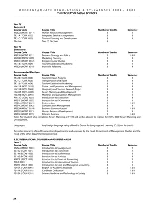 U N D E R G R A D U A T E         R E G U L A T I O N S  S Y L L A B U S E S                 2 0 0 8 –     2 0 0 9
                                         THE FACULTY OF SOCIAL SCIENCES



Year IV
Semester I
Course Code	               Course Title	                                            Number of Credits	            Semester
MS32A (MGMT 3017)	         Human Resource Management	                                     3	                         I
TR31A (TOUR 3003)	         Integrated Service Management	                                 3	                         I
TR31C (TOUR 3005)	         Tourism Planning and Development	                              3	                         I
Elective	                  Two (2) Electives	                                             6

Year IV
Semester II
Course Code	               Course Title	                                            Number of Credits	            Semester
MS33B (MGMT 3031) 	        Business Strategy and Policy	                                  3	                        I  II
MS30D (MKTG 3007)	         Marketing Planning	                                            3	                          II
MS33C (MGMT 3032)	         Entrepreneurial Studies	                                       3	                          II
TR31B (TOUR 3004)	         Tourism Destination Marketing	                                 3	                           I
MS32B (MGMT 3018)	         Industrial Relations	                                          3	                          II

Recommended Electives:
Course Code	             Course Title	                                           Number of Credits	           Semester
TR32B (TOUR 3008)	       Tourism Impact Analysis	                                          3	                      II
TR21C (TOUR 2005)	       Transportation and Travel	                                        3	                      II
TR31B (TOUR 3004)	       Tourism Destination Marketing	                                    3	                      II
HM22A (HOTL 2010)	       Cruise Line Operations and Management	                            3	                      II
HM33B (HOTL 3004)	       Hospitality and Tourism Research Project	                         3	                      II
HM30A (HOTL 3000)	       Resort Planning and Development	                                  3	                       I
HM30B (HOTL 3001)	       Meetings and Convention Management	                               3	                       I
AM33D (AGBU 3003)	       Introduction to Ecotourism	                                       3	                      II	
MS21E (MGMT 2007)	       Introduction to E-Commerce	                                       3	                       I
MS27A (MGMT 2021)	       Business Law 	                                                    3	                    I  II
MS34C (MGMT 3062) 	      Compensation Management 	                                         3	                      II
MS32H (MGMT 3024)	       Business Communication 	                                          3	                    I  II
MS32K (MGMT 3025	        Human Resource Development 	                                      3	                      II
MS33K (MGMT 3035)	       Ethics in Business	                                               3	                    I  II
Note: Any student who completed Resort Planning at TTHTI will not be allowed to register for HOTL 3000 Resort Planning and
Development.

Languages:	                Any foreign language being offered by Centre for Language and Learning (CLL) (not for credit)

Any other course(s) offered by any other department(s) and approved by the Head, Department of Management Studies and the
Head of the other department(s) concerned.

B.Sc. International Tourism Management Major
Level I
Course Code	            Course Title	                                               Number of Credits	            Semester
MS12A (MGMT 1001)	      Introduction to Management	                                       3	                          I
EC10D (ECON 1001)	      Introduction to Economics I	                                      3	                          I
EC141 (ECON 1003)	      Introduction to Mathematics	                                      3	                          I
EC160 (ECON 1005)	      Introduction to Statistics	                                       3	                          II
MS15E (ACCT 1002)	      Introduction to Financial Accounting	                             3	                           I
TOUR 1001	              Introduction to International Tourism	                            3	                           I
MS15F (ACCT 1003)	      Introduction to Cost and Managerial Accounting	                   3	                          II
FD10A (FOUN 1001)	      English for Academic Purposes	                                    3	                        I  II
FD11A (FOUN 1101)	      Caribbean Civilization	                                           3	                        I  II
FD12A (FOUN 1201)	      Science, Medicine and Technology in Society	                      3	                        I  II




34
 