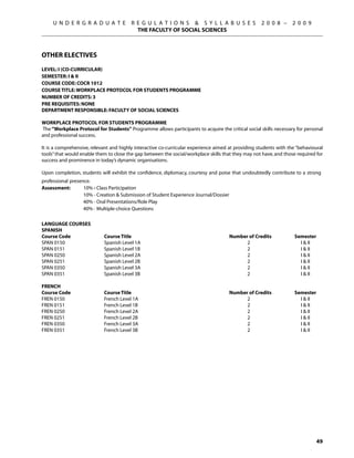 U N D E R G R A D U A T E           R E G U L A T I O N S  S Y L L A B U S E S                2 0 0 8 –      2 0 0 9
                                           THE FACULTY OF SOCIAL SCIENCES



OTHER ELECTIVES
LEVEL: I (CO-CURRICULAR)
SEMESTER: I  II
COURSE CODE: COCR 1012
COURSE TITLE: WORKPLACE PROTOCOL FOR STUDENTS PROGRAMME
NUMBER OF CREDITS: 3
PRE REQUISITES: NONE
Department Responsible: FACULTY OF SOCIAL SCIENCES

WORKPLACE PROTOCOL FOR STUDENTS PROGRAMME
 The “Workplace Protocol for Students” Programme allows participants to acquire the critical social skills necessary for personal
and professional success.
  
It is a comprehensive, relevant and highly interactive co-curricular experience aimed at providing students with the “behavioural
tools” that would enable them to close the gap between the social/workplace skills that they may not have, and those required for
success and prominence in today’s dynamic organisations.
  
Upon completion, students will exhibit the confidence, diplomacy, courtesy and poise that undoubtedly contribute to a strong
professional presence.
Assessment: 	      10% - Class Participation
		                 10% - Creation  Submission of Student Experience Journal/Dossier
		                 40% - Oral Presentations/Role Play
		                 40% - Multiple-choice Questions

LANGUAGE COURSES
SPANISH
Course Code	                Course Title	                                              Number of Credits	           Semester
SPAN 0150	                  Spanish Level 1A	                                                2	                       I  II
SPAN 0151	                  Spanish Level 1B	                                                2	                       I  II
SPAN 0250	                  Spanish Level 2A	                                                2	                       I  II
SPAN 0251	                  Spanish Level 2B	                                                2	                       I  II
SPAN 0350	                  Spanish Level 3A	                                                2	                       I  II
SPAN 0351	                  Spanish Level 3B	                                                2	                       I  II

FRENCH
Course Code	                Course Title	                                              Number of Credits	           Semester
FREN 0150	                  French Level 1A	                                                 2	                       I  II
FREN 0151	                  French Level 1B	                                                 2	                       I  II
FREN 0250	                  French Level 2A	                                                 2	                       I  II
FREN 0251	                  French Level 2B	                                                 2	                       I  II
FREN 0350	                  French Level 3A	                                                 2	                       I  II
FREN 0351	                  French Level 3B	                                                 2	                       I  II




                                                                                                                               49
 