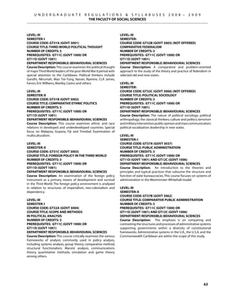 U N D E R G R A D U A T E            R E G U L A T I O N S  S Y L L A B U S E S                   2 0 0 8 –      2 0 0 9
                                            THE FACULTY OF SOCIAL SCIENCES



Level: III                                                          Level: III
Semester: I                                                         Semester:
Course Code: GT31A (GOVT 3001)                                      Course Code: GT32B (GOVT 3005) (NOT OFFERED)
Course Title: THIRD WORLD POLITICAL THOUGHT                         COMPARATIVE FEDERALISM
Number of Credits: 3                                                Number of Credits: 3
Prerequisites: GT11C (govt 1000) OR                                 Prerequisites: GT11C (govt 1000) OR
GT11D (govt 1001)                                                   GT11D (govt 1001)
Department Responsible: Behavioural Sciences                        Department Responsible: Behavioural Sciences
Course Description: This course examines the political thought      Course Description: A comparative and problem-oriented
of major Third World leaders of the post-World War II period with   approach to the study of the theory and practice of federalism in
special attention to the Caribbean. Political thinkers include      selected old and new states.
Gandhi, Nkrumah, Mao Tse-Tung, Nasser, Nyerere, CLR James,
Fanon, Eric Williams, Manley, Castro and others.                    Level: III
                                                                    Semester:
Level: III                                                          Course Code: GT32C (GOVT 3006) (NOT OFFERED)
Semester: II                                                        Course Title: POLITICAL SOCIOLOGY
Course Code: GT31B (GOVT 3002)                                      Number of Credits: 3
Course Title: COMPARATIVE ETHNIC POLITICS                           Prerequisites: GT11C (govt 1000) OR
Number of Credits: 3                                                GT11D (govt 1001)
Prerequisites: GT11C (govt 1000) OR                                 Department Responsible: Behavioural Sciences
GT11D (govt 1001)                                                   Course Description: The nature of political sociology; political
Department Responsible: Behavioural Sciences                        anthropology; the classical thinkers; culture and politics; terrorism
Course Description: This course examines ethnic and race            and military intervention; public opinion and mass communication;
relations in developed and underdeveloped countries. Special        political socialization; leadership in new states.
focus on Malaysia, Guyana, Fiji and Trinidad. Examination of
multiculturalism.                                                   Level: III
                                                                    Semester: I
Level: III                                                          Course Code: GT37A (GOVT 3037)
Semester: II                                                        Course Title: PUBLIC ADMINISTRATION
Course Code: GT31C (GOVT 3003)                                      Number of Credits: 3
Course Title: FOREIGN POLICY IN THE THIRD WORLD                     Prerequisites: GT11C (govt 1000) OR
Number of Credits: 3                                                GT11D (govt 1001) and GT12C (GOVT 1006)
Prerequisites: GT11C (govt 1000) OR                                 Department Responsible: Behavioural Sciences
GT11D (govt 1001)                                                   Course Description: An introduction to the theories and
Department Responsible: Behavioural Sciences                        principles and typical practices that subsume the structure and
Course Description: An examination of the foreign policy            function of state bureaucracies. This course focuses on systems of
instrument as a primary means of development and survival           administration in the Westminster-Whitehall model.
in the Third World. The foreign policy environment is analyzed
in relation to structures of imperialism, neo-colonialism and       Level: III
dependency.                                                         Semester: II
                                                                    Course Code: GT37B (GOVT 3062)
Level: III                                                          Course Title: COMPARATIVE PUBLIC ADMINISTRATION
Semester: I                                                         Number of Credits: 3
Course Code: GT32A (GOVT 3004)                                      Prerequisites: GT11C (govt 1000) OR
Course Title: SCOPE AND METHODS                                     GT11D (govt 1001) and GT12C (GOVT 1006)
IN POLITICAL ANALYSIS                                               Department Responsible: Behavioural Sciences
Number of Credits: 3                                                Course Description: The emphasis is on comparing and
Prerequisites: GT11C (govt 1000) OR                                 contrasting the structures and processes of administrative systems
GT11D (govt 1001)                                                   supporting governments within a diversity of constitutional
Department Responsible: Behavioural Sciences                        frameworks. Administrative systems in the U.K., the U.S.A. and the
Course Description: This course critically examines the various     Commonwealth Caribbean are within the scope of this study.
frameworks of analysis commonly used in policy analysis,
including systems analysis, group theory, comparative method,
structural functionalism, Marxist analysis, communications
theory, quantitative methods, simulation and game theory
among others.




                                                                                                                                   63
 