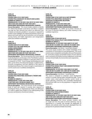 U N D E R G R A D U A T E              R E G U L A T I O N S  S Y L L A B U S E S                   2 0 0 8 –      2 0 0 9
                                              THE FACULTY OF SOCIAL SCIENCES



Level: III                                                             Level: III
Semester: II                                                           Semester:
Course Code: SY31C (SOCI 3005)                                         Course Code: SY32F (SOCI 3010) (NOT OFFERED)
Course Title: SOCIOLOGY OF HEALTH AND ILLNESS                          Course Title: INDUSTRIAL SOCIOLOGY II:
Number of Credits: 3                                                   SOCIOLOGY OF INDUSTRIAL RELATIONS
Prerequisites: SY13E (SOCI 1002) OR SY13F (sOCI 1000);                 Number of Credits: 3
AND SY20E (SOCI 2000) OR SY20F (SOCI 2001)                             Prerequisites: SY20E (SOCI 2000) AND
Department Responsible: Behavioural Sciences                           SY20F (SOCI 2001) OR MS32D (MGMT 3021)
Course Description: This course enables students to identify           Department Responsible: Behavioural Sciences
the relationship between social factors and illness. It explains       Course Description: As a follow up to SY32E, it focuses on
how age, sex, class, ethnicity and culture can determine how           the issue of industrial relations and conflict drawing on the
a disease can become prevalent in one group as opposed to              Caribbean experience.
another. It also highlights the relationship between doctor and
patient, and treats with the role of institutions such as hospitals,   Level: III
nursing homes, and health organization and reorganization              Semester: I
within the Caribbean and beyond.                                       Course Code: SY35B (SOCI 3019)
                                                                       Course Title: SOCIAL POLICY AND ADMINISTRATION II
Level: III                                                             Number of Credits: 3
Semester: II                                                           Prerequisites: SY13E (SOCI 1002) AND SY13F (sOCI
Course Code: SY31F (SOCI 3006)                                         1000) OR SW17A (SOWK 1001) AND SW17B (SOWK 1003)
Course Title: THE THIRD WORLD IN                                       Department Responsible: Behavioural Sciences
GLOBAL DEVELOPMENT                                                     Course Description: Sub-theme – Social Policy Analysis
Number of Credits: 3                                                   This course equips students with in-depth knowledge of the
Prerequisites: SY13E (SOCI 1002) OR SY13F (sOCI 1000);                 contribution of social policy to social development. The course
AND SY20E (SOCI 2000) OR SY20F (SOCI 2001)                             content covers comparative social policy; the use of frameworks
Department Responsible: Behavioural Sciences                           for social policy analysis and detailed analysis of some selected
Course Description: This course examines the current state of          areas e.g. poverty, the family, housing, employment, social work
world development and the place of the Third World, in general         services, mental health, the environment and cooperatives.
and the English-speaking Caribbean in particular, within it. It is
a companion to SY23F - Social Change and Development, and              Level: III
takes up the theme of fundamental changes in global techno-            Semester: II
economic arrangements and their reflection in the nature of            Course Code: SY35C (SOCI 3020)
developmental theory. This is done through an examination of           Course Title: SOCIAL POLICY AND ADMINISTRATION III
current social issues in Caribbean development.                        Number of Credits: 3
                                                                       Prerequisites: SY13E (SOCI 1002) AND SY13F (sOCI
Level: III                                                             1000) OR SW17A (SOWK 1001) AND SW17B (SOWK 1003)
Semester: II                                                           Department Responsible: Behavioural Sciences
Course Code: SY32E (SOCI 3008)                                         Course Description: Sub-theme – Social Planning
Course Title: INDUSTRIAL SOCIOLOGY I: THEORY AND                       This course is designed to empower social development
METHODS                                                                workers to actively improve policy and planning skills. Course
Number of Credits: 3                                                   content covers social planning practice, current trends as
Prerequisites: SY20E (SOCI 2000) AND                                   gender planning, community care, sustainable development;
SY20F (SOCI 2001) OR MS32D (MGMT 3021)                                 and technical skills such as the preparation of appraisals and
Department Responsible: Behavioural Sciences                           evaluations.
Course Description: This course focuses on the sociological
study of work and industry. It assumes prior exposure to               Level: III
Sociological Theory or Organizational Theory and Behaviour             Semester: I
as it seeks to apply those insights to the understanding of the        Course Code: SY35E (SOCI 3023)
structure and dynamics of work and industry.                           Course Title: POPULATION STUDIES I
                                                                       Number of Credits: 3
                                                                       Prerequisites: SY13E (SOCI 1002) OR SY13F (sOCI 1000);
                                                                       AND SY20E (SOCI 2000) OR SY20F (SOCI 2001)
                                                                       Department Responsible: Behavioural Sciences
                                                                       Course Description: This course provides students with
                                                                       an insight into how the study of human behaviour may be
                                                                       approached in a scientific way through the application of
                                                                       theories and methods which have been developed from the
                                                                       perspective of a phased schedule of activities.




94
 