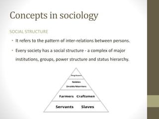 Concepts in sociology
SOCIAL STRUCTURE
• It refers to the pattern of inter-relations between persons.
• Every society has a social structure - a complex of major
institutions, groups, power structure and status hierarchy.
 