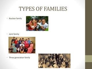 TYPES OF FAMILIES
• Nuclear family
• Joint family
• Three generation family
 
