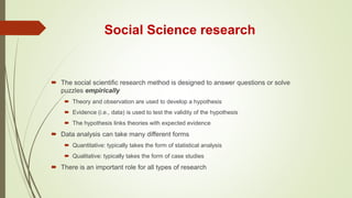  The social scientific research method is designed to answer questions or solve
puzzles empirically
 Theory and observation are used to develop a hypothesis
 Evidence (i.e., data) is used to test the validity of the hypothesis
 The hypothesis links theories with expected evidence
 Data analysis can take many different forms
 Quantitative: typically takes the form of statistical analysis
 Qualitative: typically takes the form of case studies
 There is an important role for all types of research
Social Science research
 