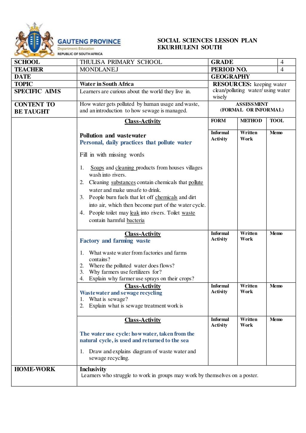 Social Sciences Lesson Plan Term 4 Geograpghy Social Sciences Lesson Plan Term 4 Geograpghy