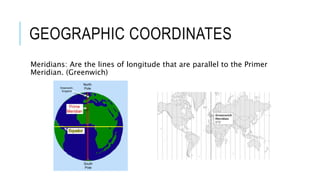 GEOGRAPHIC COORDINATES
Meridians: Are the lines of longitude that are parallel to the Primer
Meridian. (Greenwich)
 