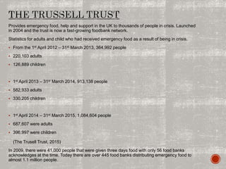 Provides emergency food, help and support in the UK to thousands of people in crisis. Launched
in 2004 and the trust is now a fast-growing foodbank network.
Statistics for adults and child who had received emergency food as a result of being in crisis.
 From the 1st April 2012 – 31st March 2013, 364,992 people
 220,103 adults
 126,889 children
 1st April 2013 – 31st March 2014, 913,138 people
 582,933 adults
 330,205 children
 1st April 2014 – 31st March 2015, 1,084,604 people
 687,607 were adults
 396,997 were children
(The Trusell Trust, 2015)
In 2009, there were 41,000 people that were given three days food with only 56 food banks
acknowledges at the time. Today there are over 445 food banks distributing emergency food to
almost 1.1 million people.
 