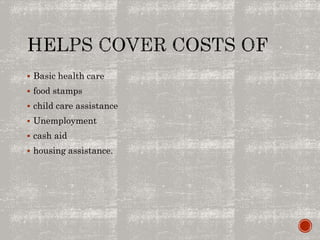  Basic health care
 food stamps
 child care assistance
 Unemployment
 cash aid
 housing assistance.
 