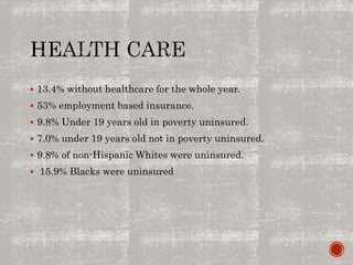  13.4% without healthcare for the whole year.
 53% employment based insurance.
 9.8% Under 19 years old in poverty uninsured.
 7.0% under 19 years old not in poverty uninsured.
 9.8% of non-Hispanic Whites were uninsured.
 15.9% Blacks were uninsured
 