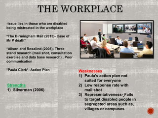 -Issue lies in those who are disabled
being mistreated in the workplace
*The Birmingham Mail (2015)- Case of
Mr P death*
*Alison and Rosalind (2005)- Three
stand research (mail shot, consultation
exercise and data base research) , Poor
communication
*Paula Clark*- Action Plan
Strengths
1) Silverman (2006)
Weaknesses
1) Paula’s action plan not
suited for everyone
2) Low response rate with
mail shot
3) Representativeness- Fails
to target disabled people in
segregated areas such as,
villages or campuses
 