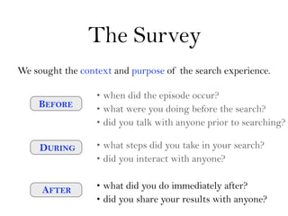 The Survey
We sought the context and purpose of the search experience.

                  • when did the episode occur?
  ...